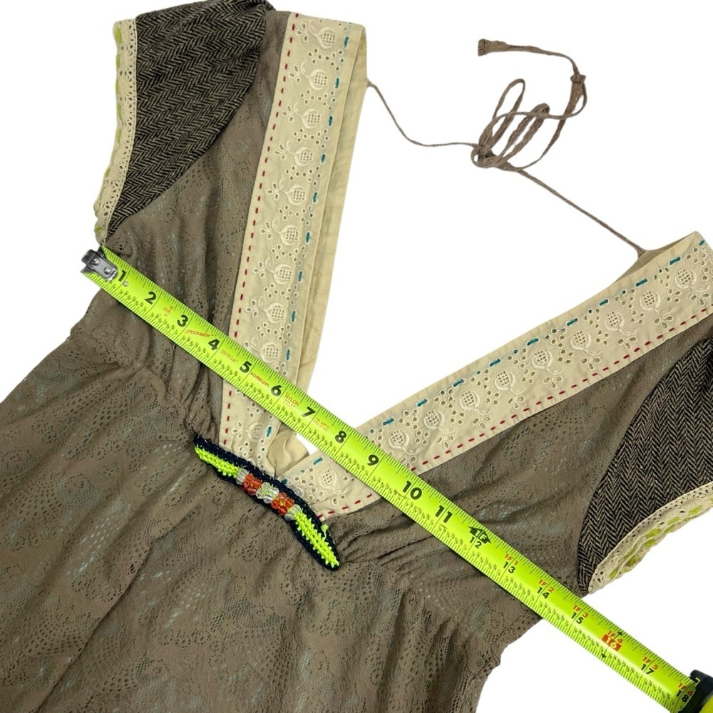 Free People Vintage Brown Lace Deep V Neckline Mini Dress - Picture 9 of 13